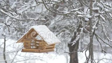 鸟儿飞到喂食器前，<strong>拿起</strong>粮食飞走了，雪落在树上，雪花飘落在鸟舍里